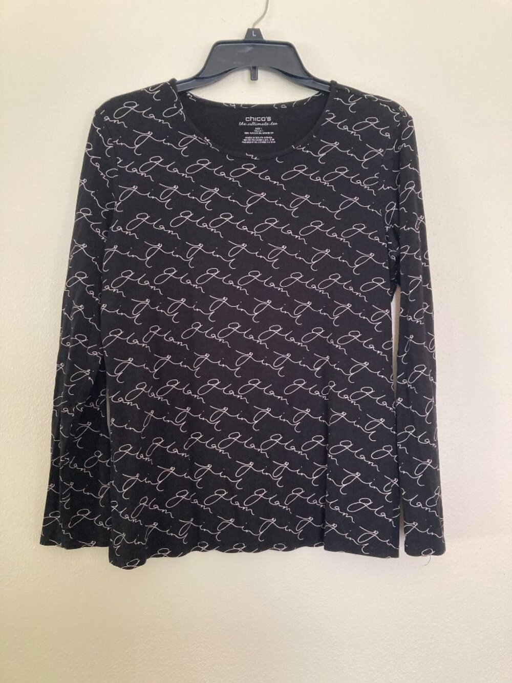 Chicos Ultimate Tee Glam Girl T Shirt Size 1 US M Black Long Sleeve Stretch